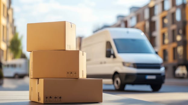 Delivery van parked near stacked cardboard boxes in an urban setting photo