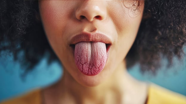 Woman showing her tongue with an interesting texture against a blue background photo