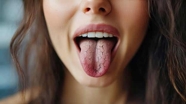 Woman showing cracked tongue close-up in bright natural light photo