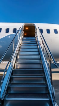 Stairway leading to an airplane on a sunny day at the airport photo
