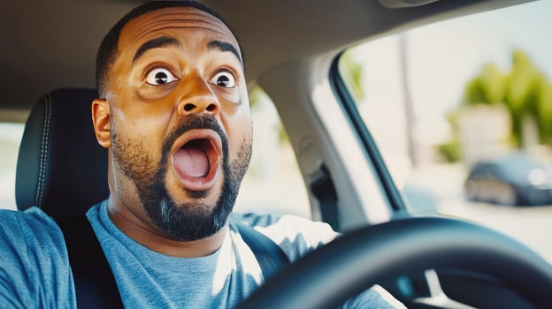 Man experiences shock while driving in a sunny suburban street photo