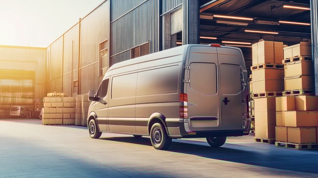 Delivery van parked outside a warehouse during sunset in a busy industrial area photo