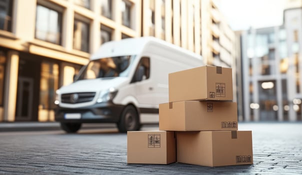 Delivery van parked beside stacked cardboard boxes on urban street photo
