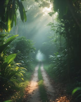 A dirt road in the middle of a lush green forest photo