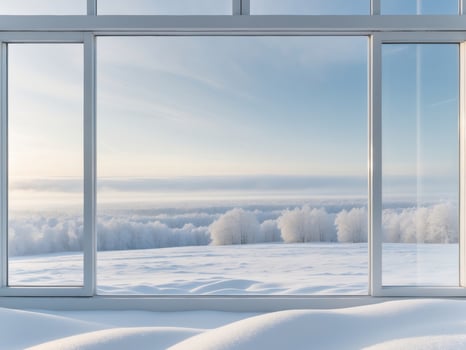 A window with snow on the ground and a view of the snow covered landscape photo