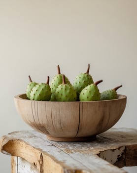 A bowl filled with green fruit on a wooden table photo