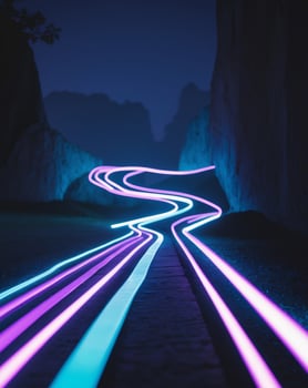 A long line of neon lights on a road photo