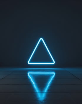 A neon blue triangle with a reflection on the floor photo