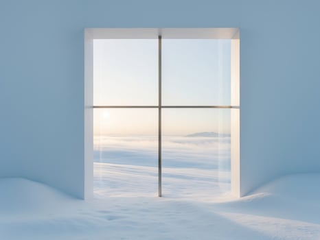 A window in a white room with snow on the ground photo