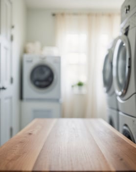 Wood Tabletop with Blurred Laundry Room Background. photo