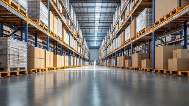 Large warehouse interior filled with neatly stacked cardboard boxes and pallets photo