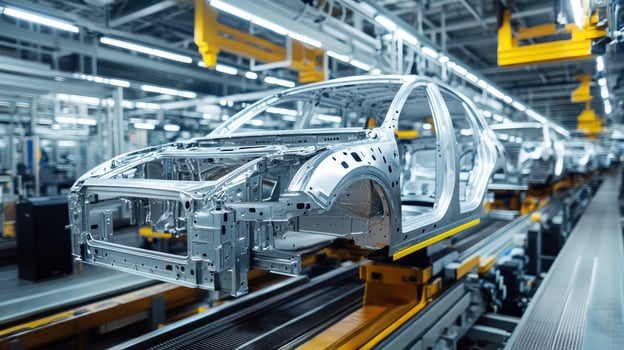 Modern automotive manufacturing process showcases skeletal car frames in assembly line photo