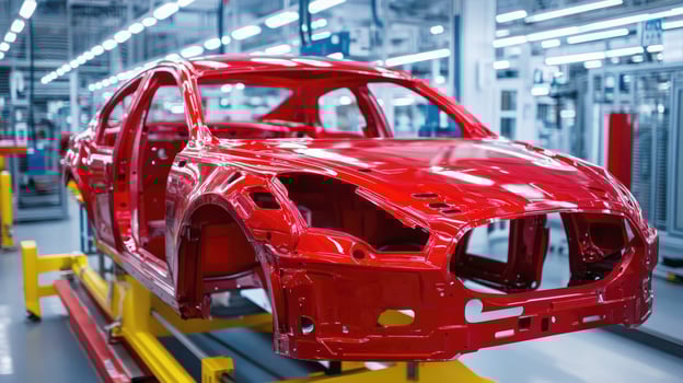 Red car body in assembly line inside modern automobile manufacturing plant photo
