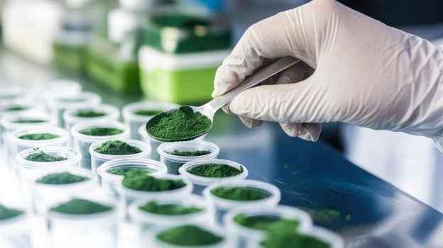 man packing green spirulina powder into containers in laboratory close-up photo