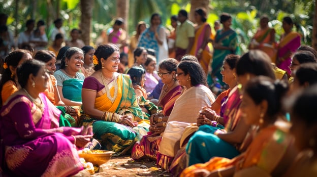 Joyful village gathering outdoors with women in traditional attire celebrating together.Vishu day photo