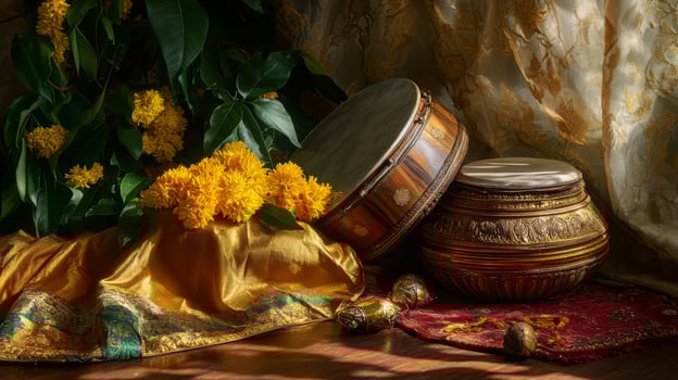 Traditional kerala still life arrangement with drums and yellow flowers.Vishu day photo