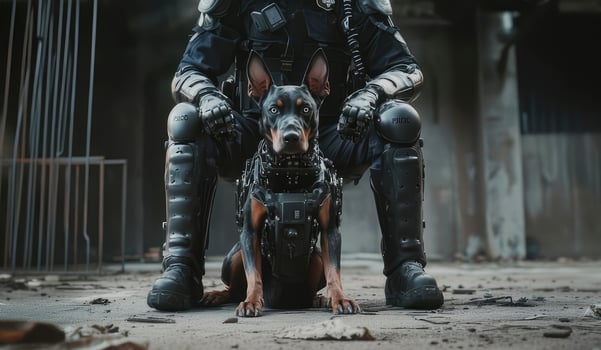 Policeman and tough police robot dog in the building photo