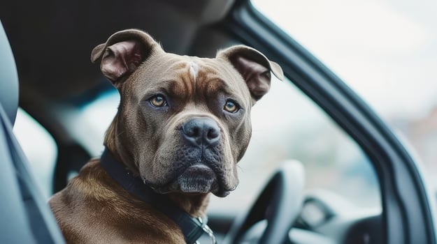 stern police dog sits in police car and looks at camera photo