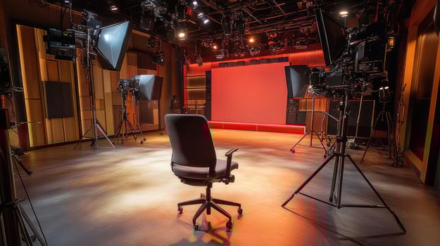 chair, camera and spotlights in a professional studio photo