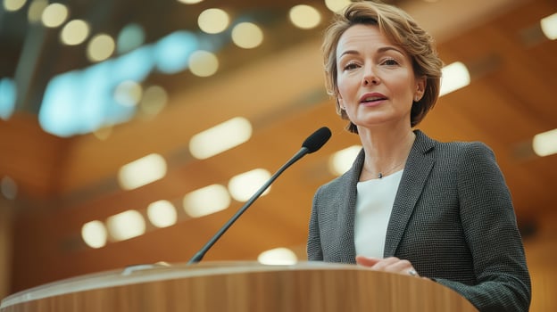 female speaker speaking at professional conference photo