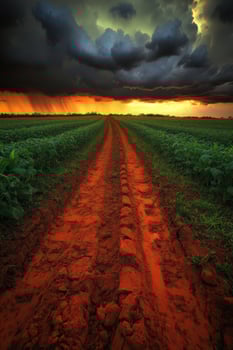 A dirt road with a sky and clouds photo