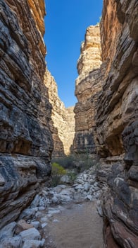 A narrow canyon in the desert with rocks and dirt photo