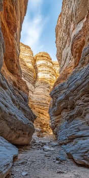 A narrow canyon in the desert with rocks and sand photo