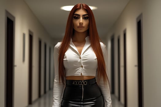 A stylish young woman with long red hair, wearing a white shirt and a leather skirt, showcasing a modern and fashionable look photo