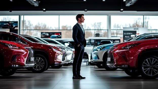 A stylish man in a sharp suit standing confidently near a selection of new cars in a modern showroom, highlighting both elegance and luxury photo