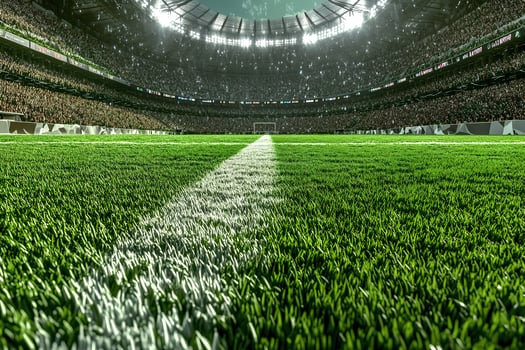 A wide shot of a soccer stadium featuring lush green grass and bright spotlights illuminating the field, capturing the excitement and energy of a game night photo