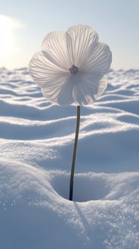 A delicate flower emerging from snowy terrain. photo