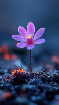 A delicate pink flower emerging from the soil. photo