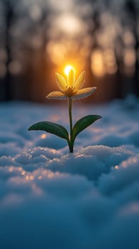 A flower blooming in snow with sunset backdrop. photo