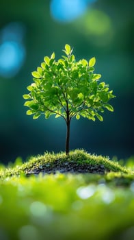 A small green tree on a mossy mound. photo