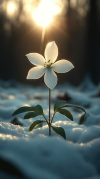 A solitary flower blooming in the snow at sunset. photo