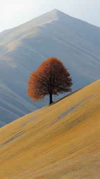 A solitary tree on a golden hillside with mountains. photo
