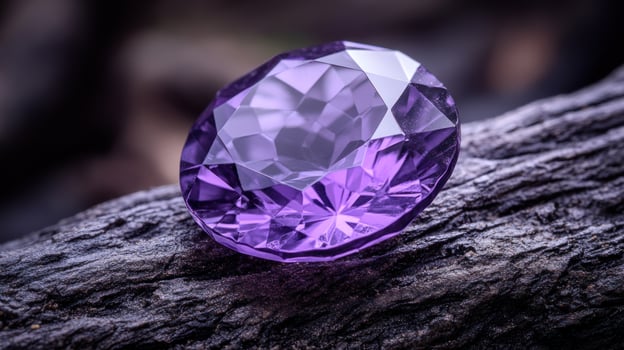 A sparkling purple gemstone on a wooden surface. photo