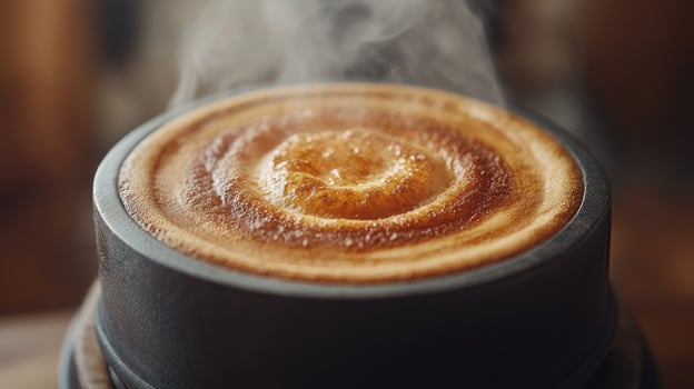 A steaming, golden-brown baked dish in a pot. photo