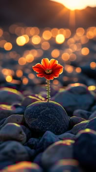A vibrant flower blooms on a rocky surface at sunset. photo