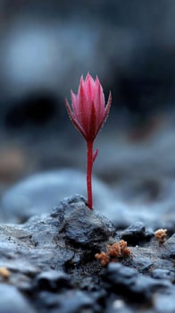 A vibrant pink plant emerging from rocky terrain. photo