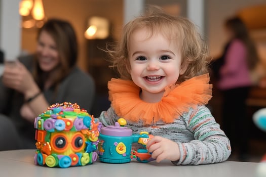 A toddler smiles while holding a colorful toy photo