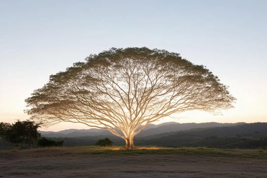 A tree with a light shining on it in the middle of a field photo