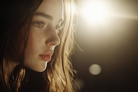 A young woman with long hair and a sun shining in the background photo