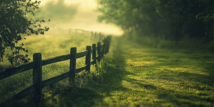 Foggy morning in the country with wooden fence photo