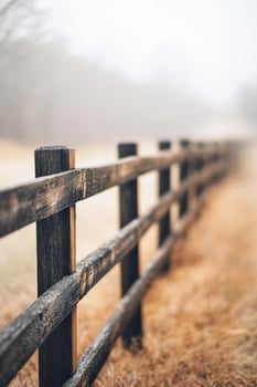 A fence in the fog on a farm photo