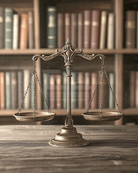 Bronze Scales of Justice on Wooden Table with Bookshelf Background photo