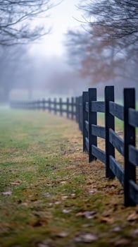 A fence in the fog on a grassy field photo