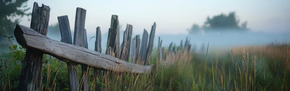A fence is shown in the misty morning photo