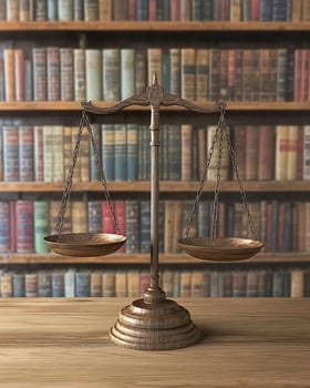 Wooden Scales of Justice on Table with Bookshelf Background photo