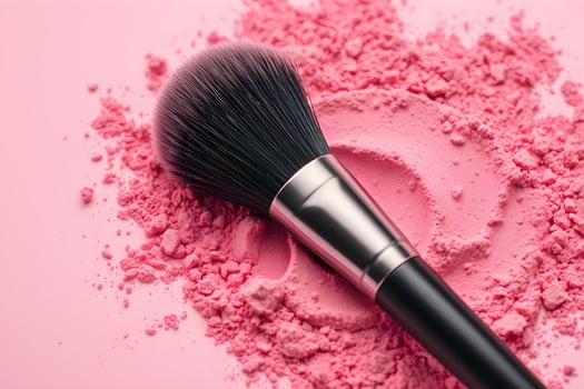 A makeup brush nestled in pink powder, showcasing the artistry and texture of cosmetic application, highlighting the beauty and detail of makeup tools. photo